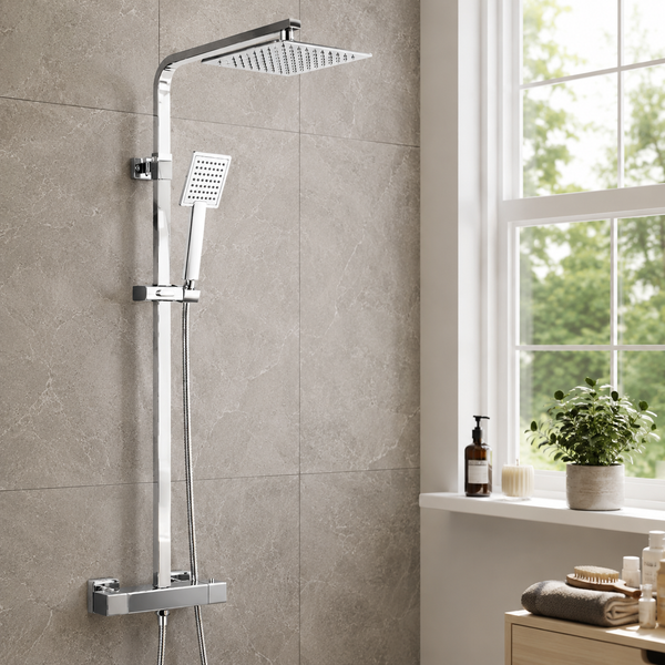 Modern thermostatic shower sets in chrome, black and brushed brass for UK bathrooms