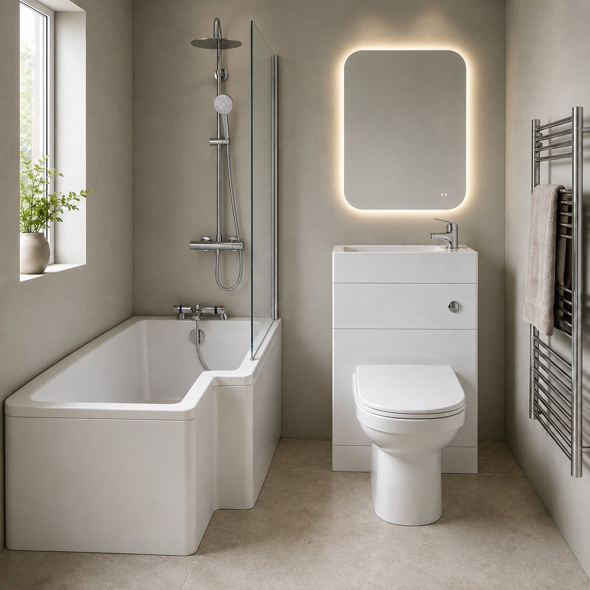 L-shaped bath suite with wider squared showering section, matching toilet and vanity unit in white — Bathroom Republic UK