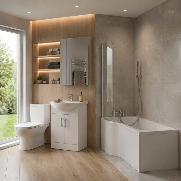 Complete modern bathroom suite with bath, toilet, vanity unit and shower screen in white gloss — Bathroom Republic UK