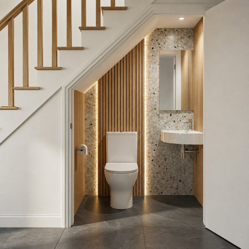 Modern under-stairs cloakroom with a white close coupled toilet, wall-hung basin, terrazzo wall tiles, timber slat feature wall and ambient LED lighting in a contemporary UK home.