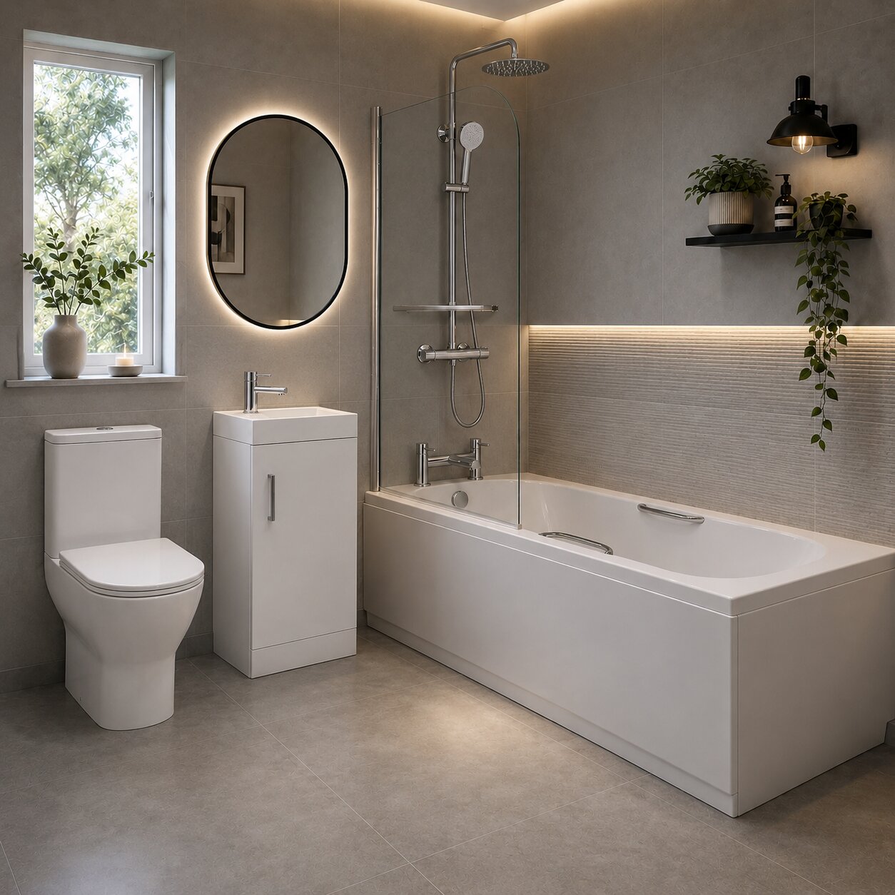 Complete modern bathroom suite with bath, toilet, vanity unit and shower screen in white gloss — Bathroom Republic UK