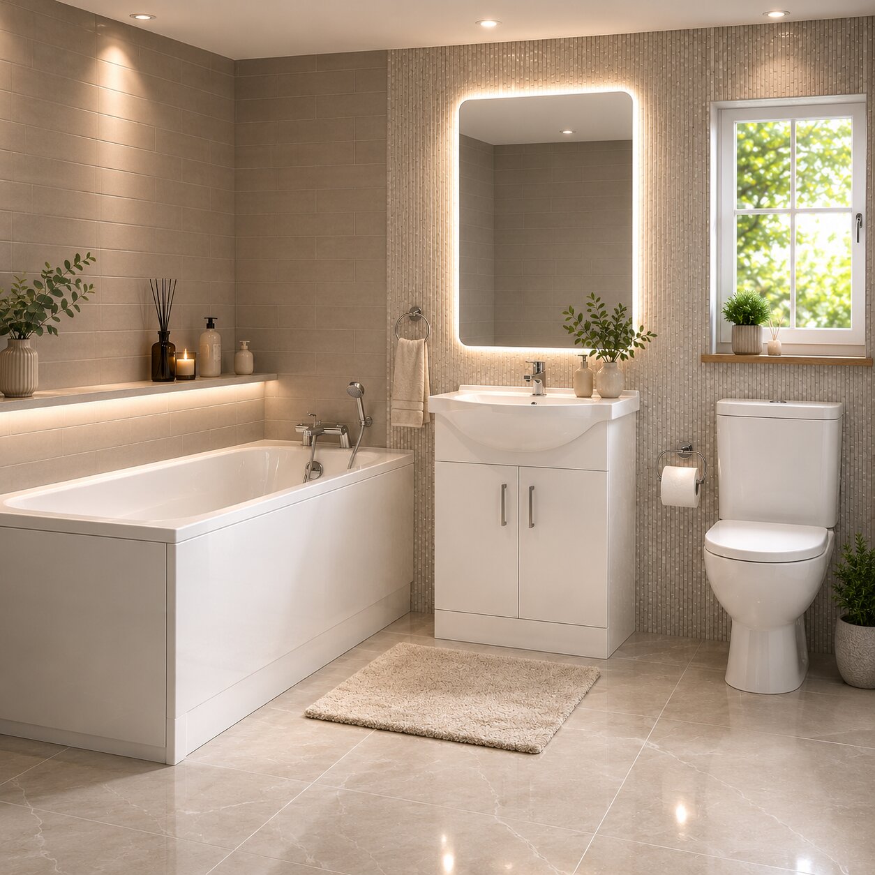 Modern white bathroom suite featuring an acrylic bathtub, vanity unit with integrated ceramic basin, illuminated LED mirror, close coupled toilet, feature wall tiles and recessed ceiling lighting in a contemporary UK home.