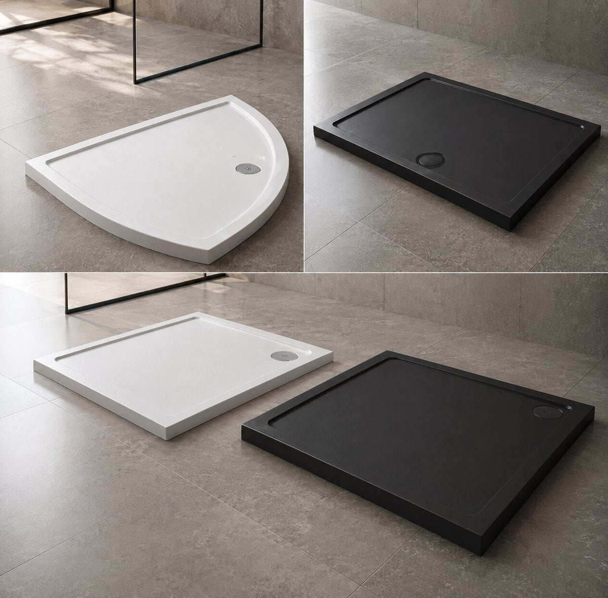 White rectangular shower tray with central waste outlet on bathroom floor — Bathroom Republic UK
