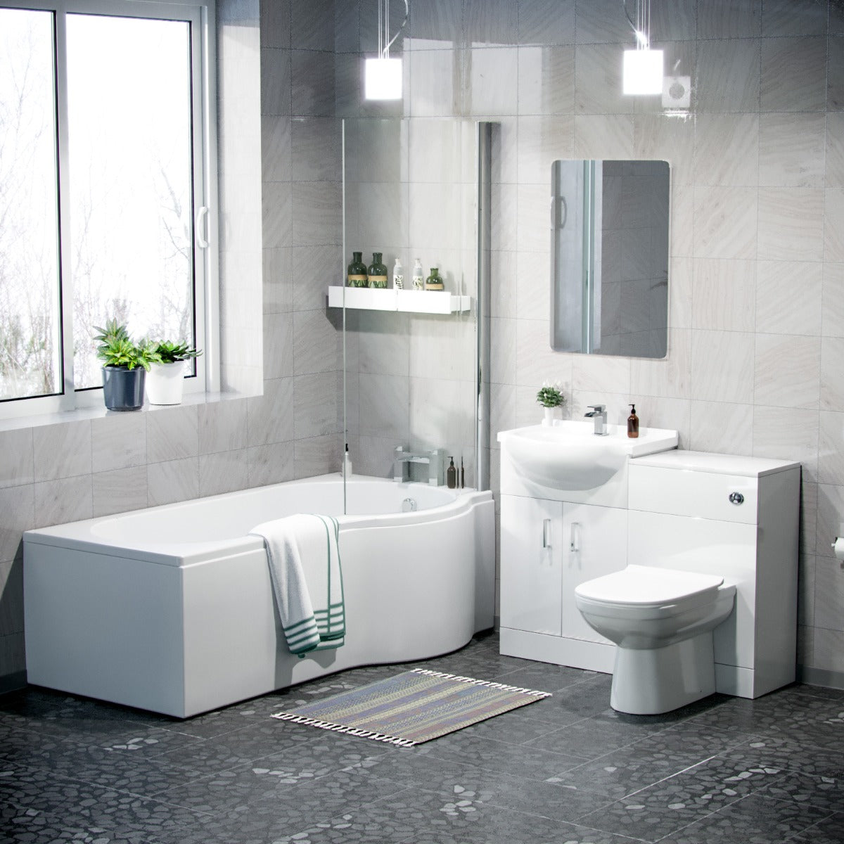 P-shaped bath suites collection featuring space-saving bathroom suites with matching baths, toilets and vanity units by Bathroom Republic.