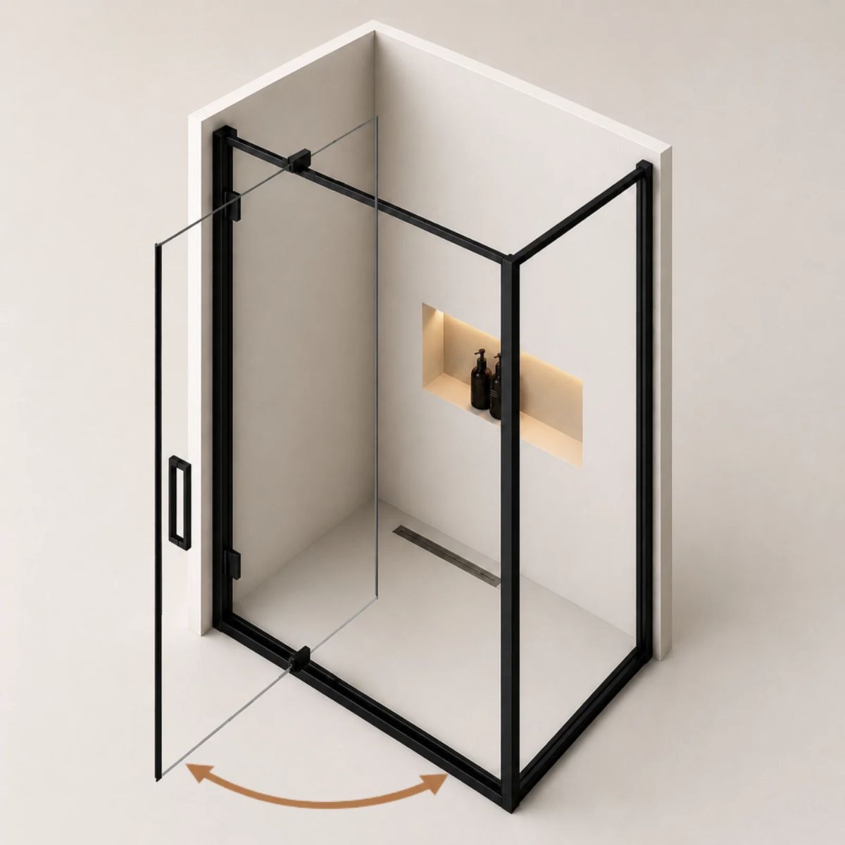 Chrome pivot door rectangular shower enclosure showing wide entry opening on hinge — Bathroom Republic UK