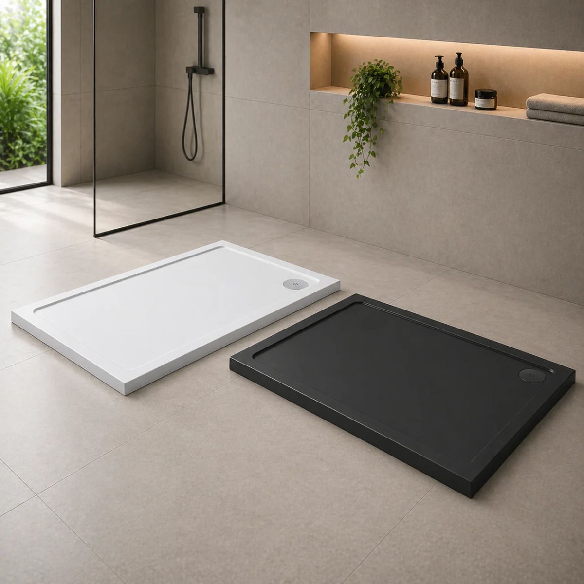 White and slate grey rectangular shower trays side by side — standard-height, asymmetric sizes at Bathroom Republic UK