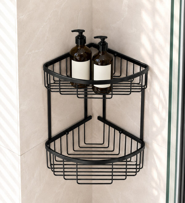 Chrome wire corner shower basket caddy mounted inside a tiled shower enclosure — Bathroom Republic UK