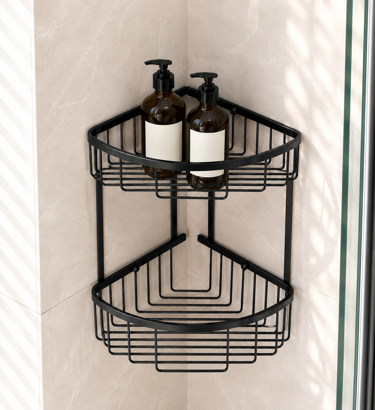 Chrome wire corner shower basket caddy mounted inside a tiled shower enclosure — Bathroom Republic UK