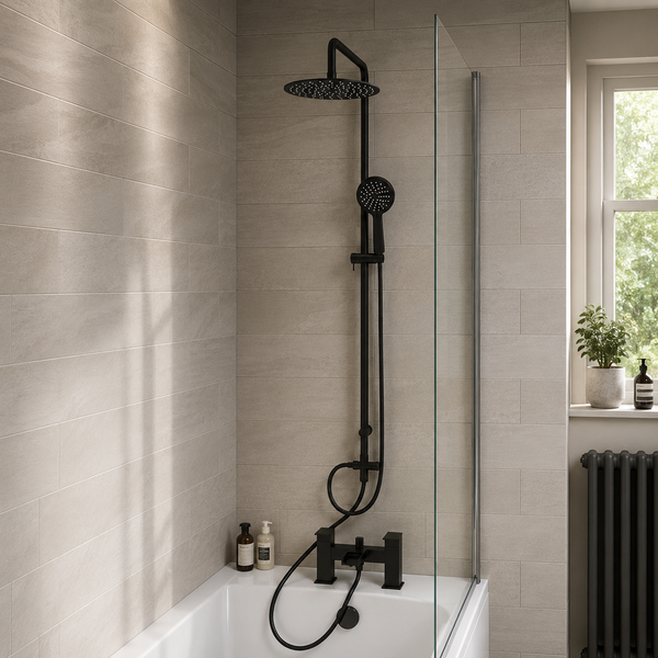 Chrome shower riser kit with fixed overhead drencher, handset and vertical rail — Bathroom Republic UK