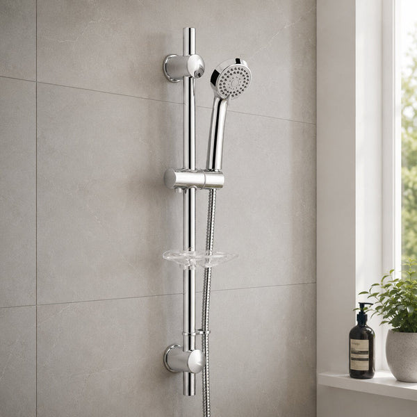 Chrome shower slider rail kit with adjustable handset bracket, hose and wall fixings on white metro tiles — Bathroom Republic UK