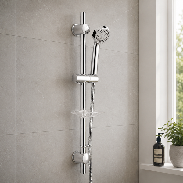 Chrome shower slider rail kit with adjustable handset bracket, hose and wall fixings on white metro tiles — Bathroom Republic UK