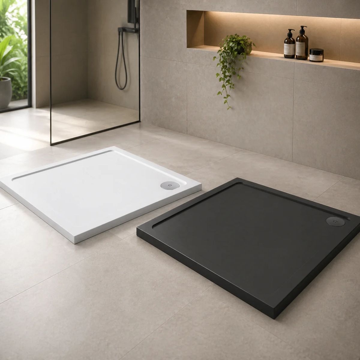 White and slate grey square shower trays side by side — 800mm and 900mm sizes at Bathroom Republic UK