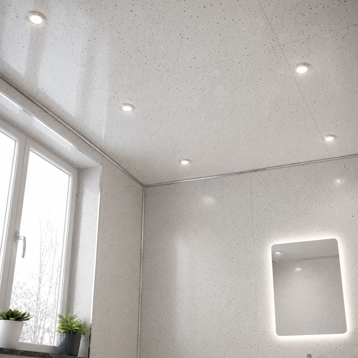 Terrazzo effect PVC wall panel with scattered stone flecks — Bathroom Republic UK