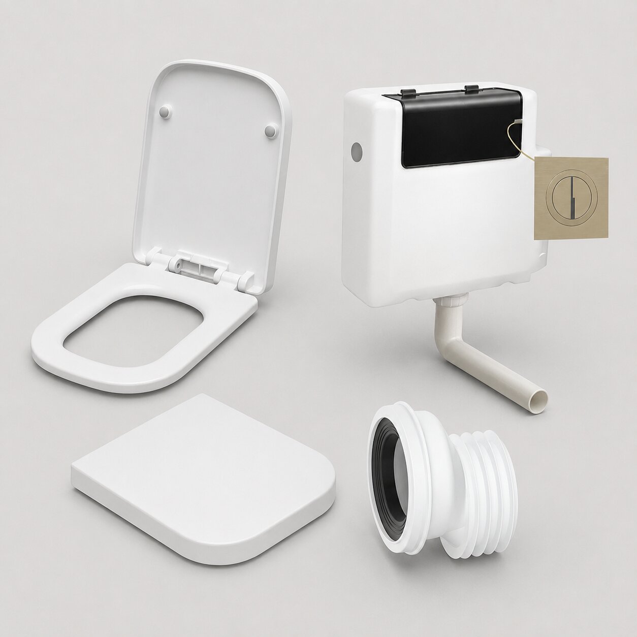Concealed cistern frame, black toilet seat, flush plate and toilet pan connector displayed together — Bathroom Republic UK