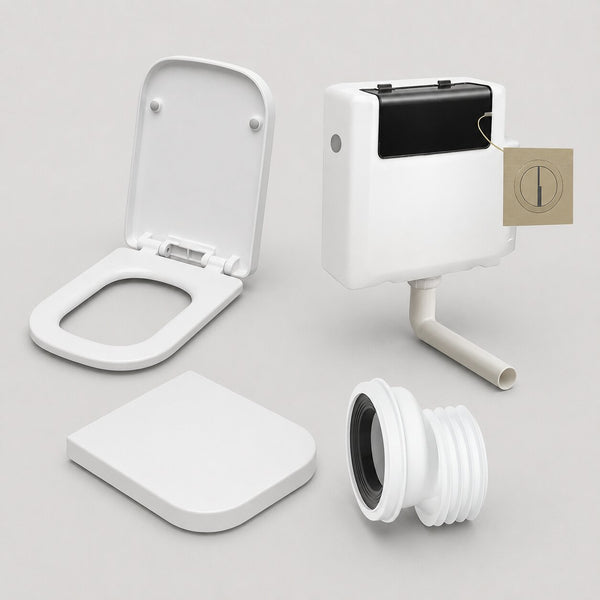 Concealed cistern frame, black toilet seat, flush plate and toilet pan connector displayed together — Bathroom Republic UK