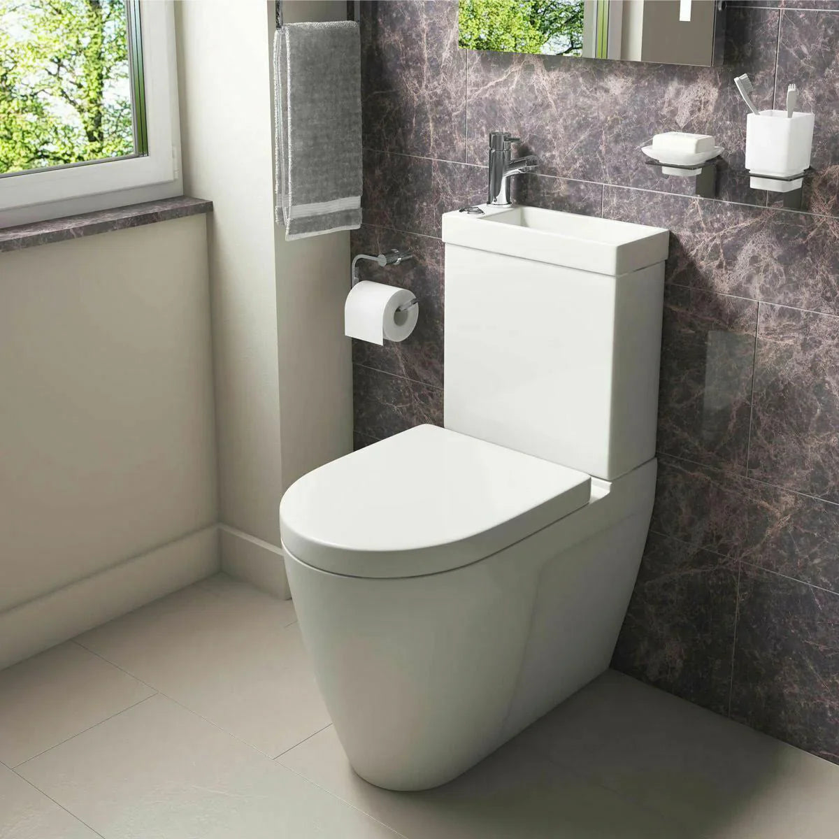 White toilet with integrated sink on top of cistern lid for cloakrooms and compact bathrooms — Bathroom Republic UK