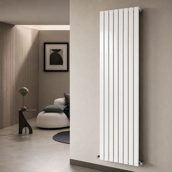 White vertical double panel radiator in a modern living room — Bathroom Republic UK