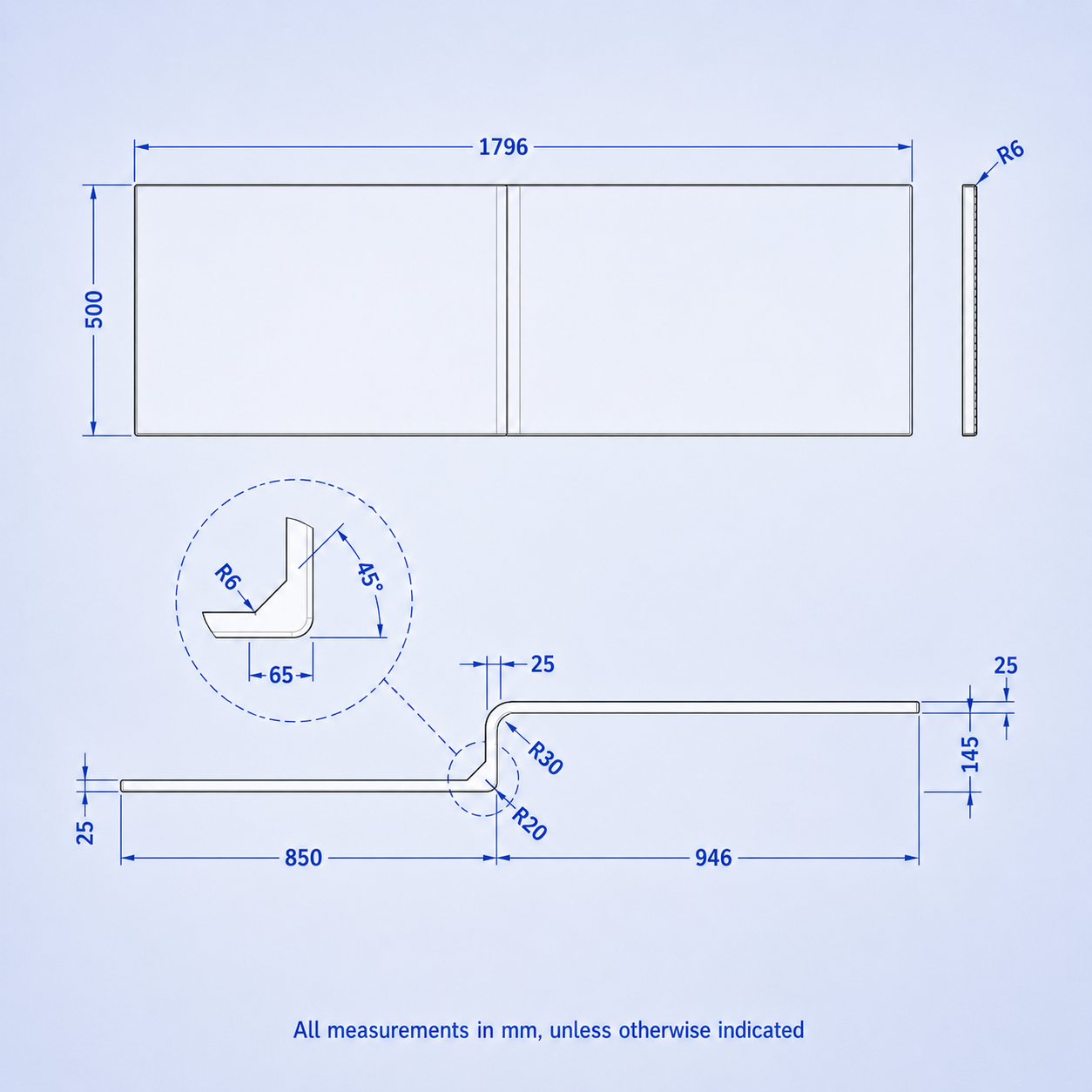 1800mm x 850mm L Shaped RH Curved Shower Bath Acrylic & Front Panel