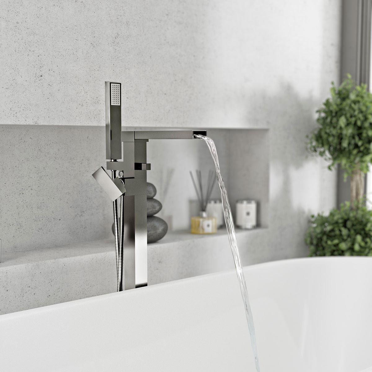 Ozone Modern Freestanding Waterfall Bath Shower Mixer Tap With Handset Kit & Basin Mixer Tap + Waste
