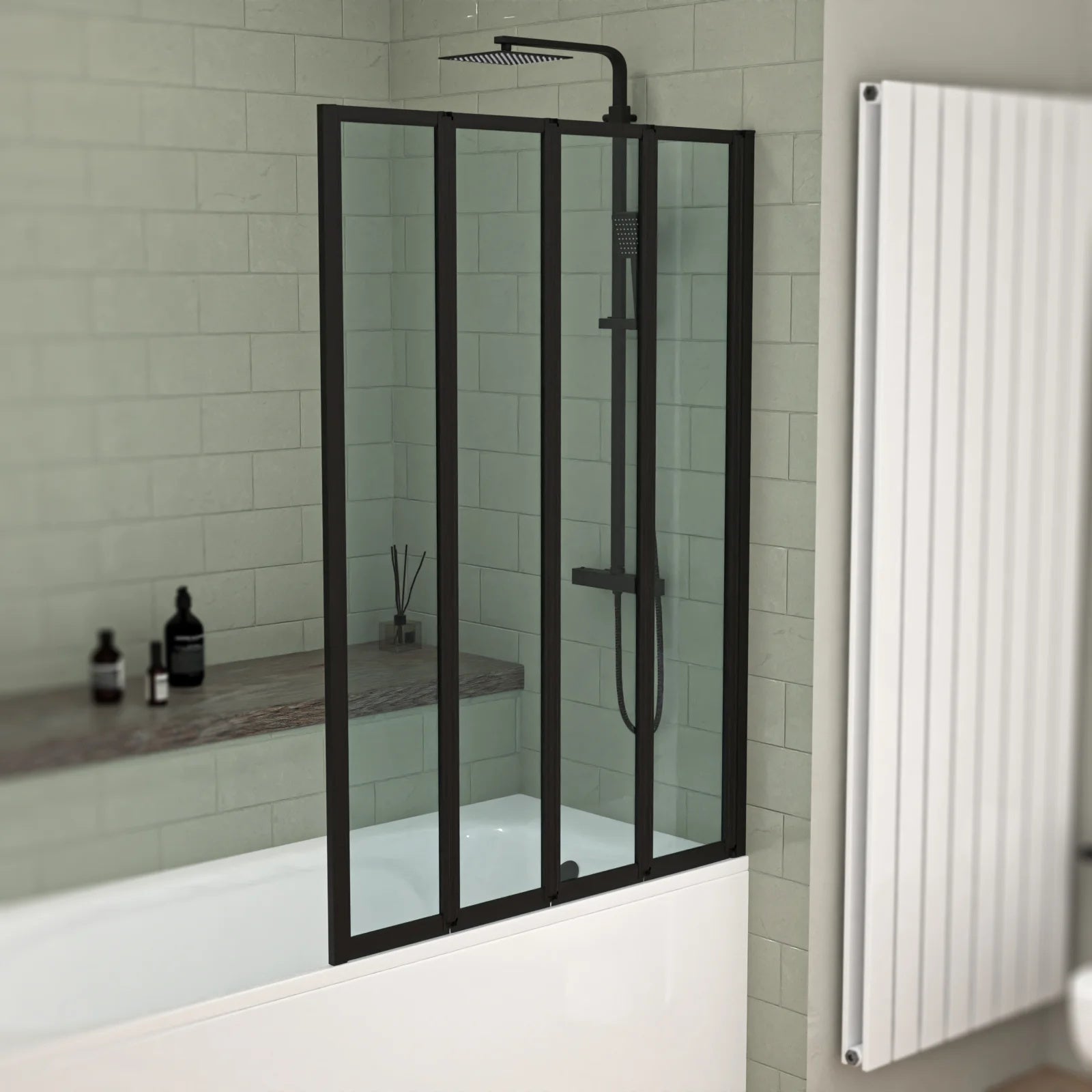1000x1400mm Bathtub Screen, 4mm Clear Glass - Black Aluminium
