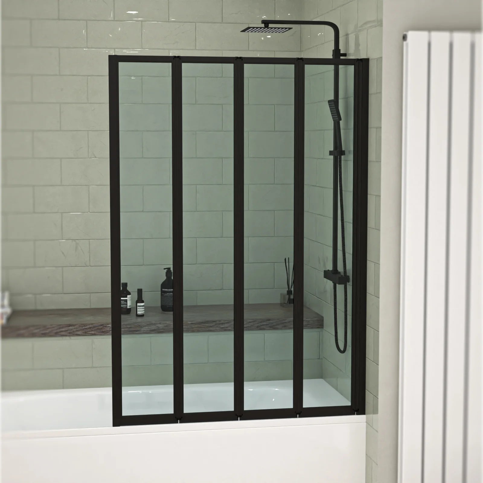 1000x1400mm Bathtub Screen, 4mm Clear Glass - Black Aluminium