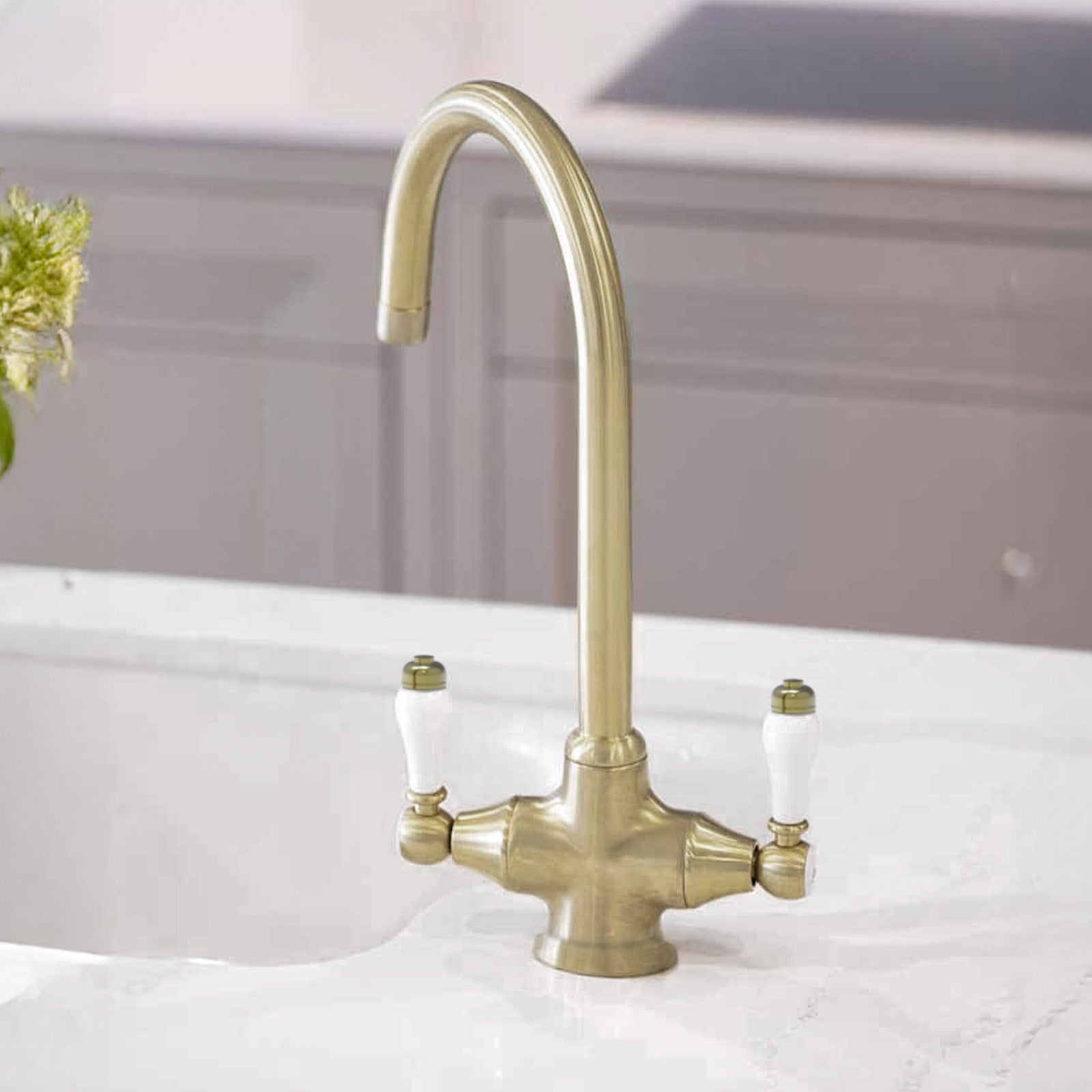 Twin Lever Brass Kitchen Sink Mixer Mono Tap Solid Brushed Brass