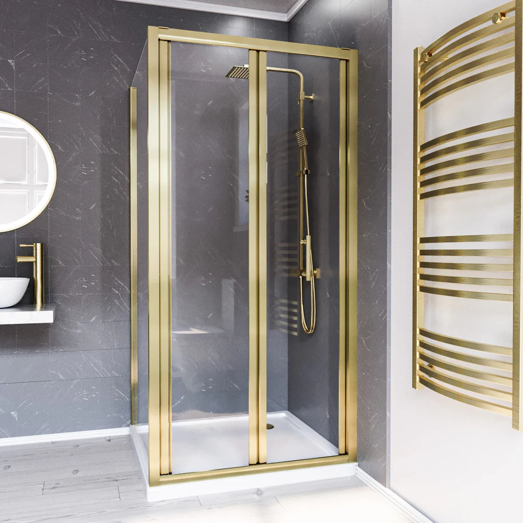 Brushed Brass 800 x 800mm Bi-fold Shower Enclosure + Shower Tray + Waste