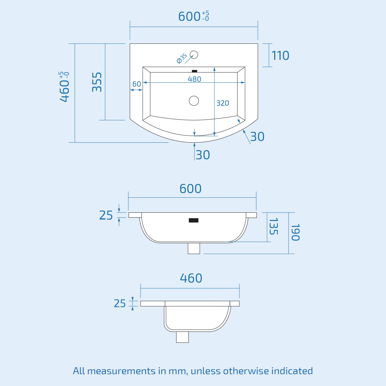 Technical drawing/blueprint of a sink with dimensions on a light blue background