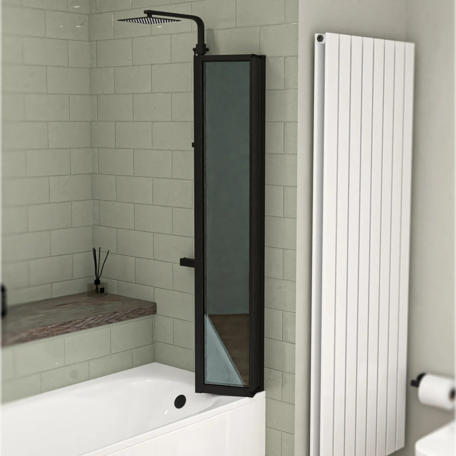 1200x1400mm Bathtub Screen, 4mm Clear Glass - Black Aluminium