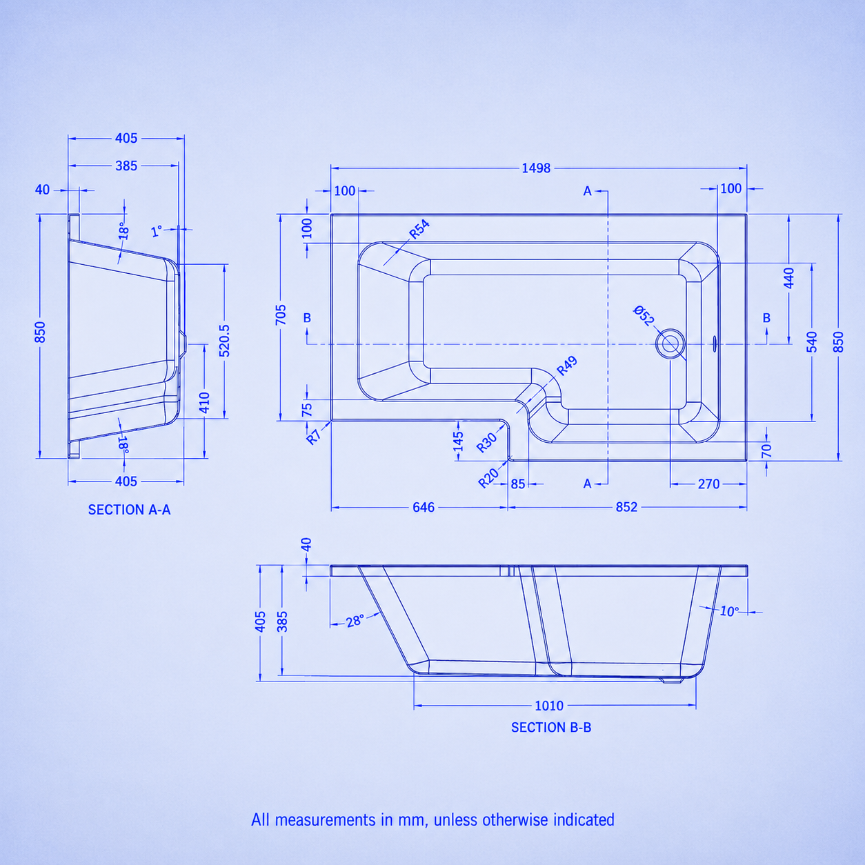 1500mm x 850mm L Shaped RH Curved Shower Bath Acrylic & Front Panel & Bath Screen