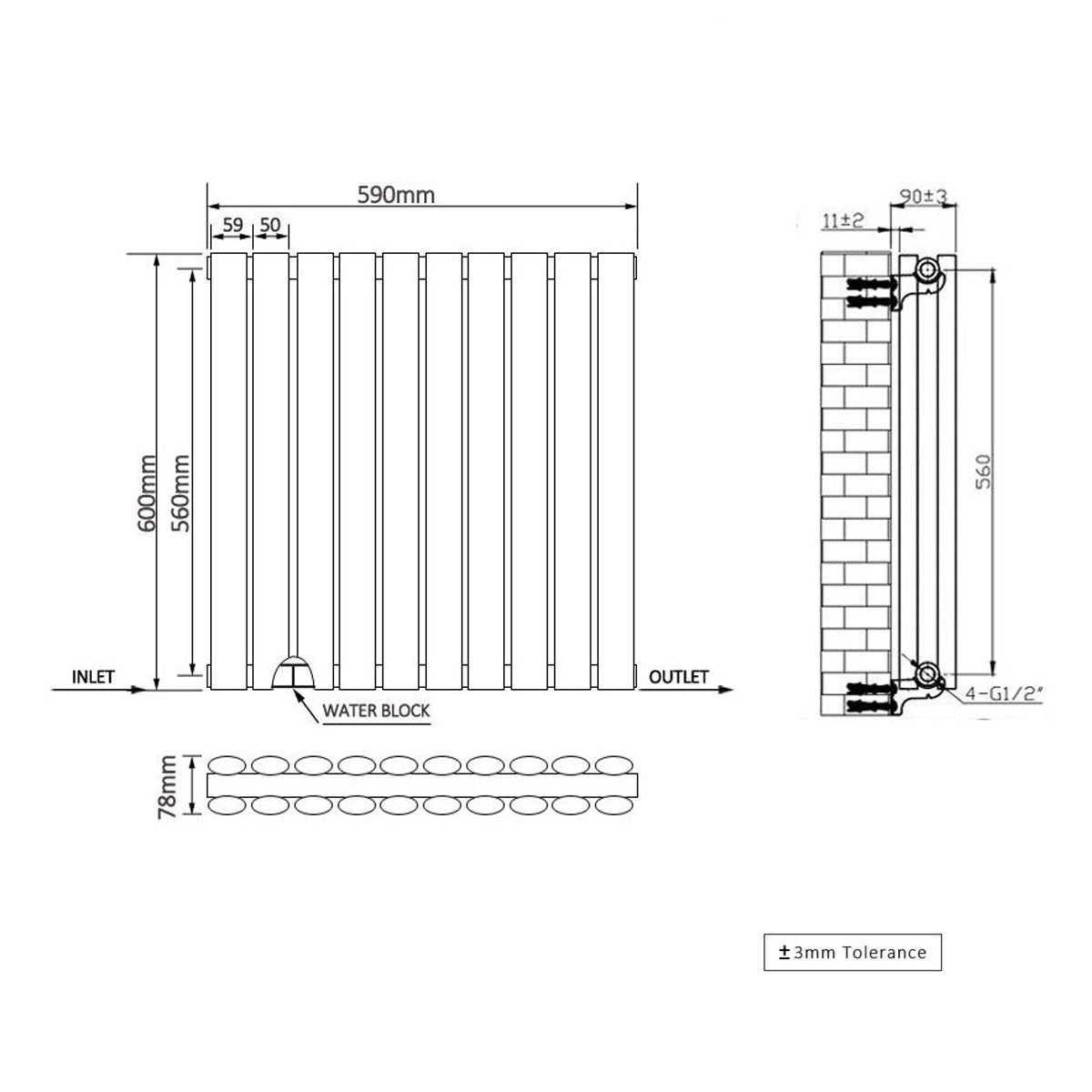 Norden 590 x 600mm Horizontal Double Oval Tube Anthracite Designer Radiator