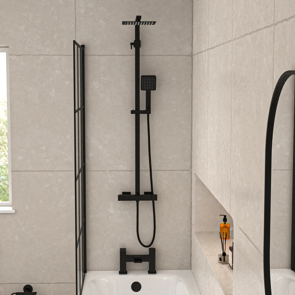 1400mm Square Bath with Grid Screen, Exposed Shower, Vanity with Toilet & Taps