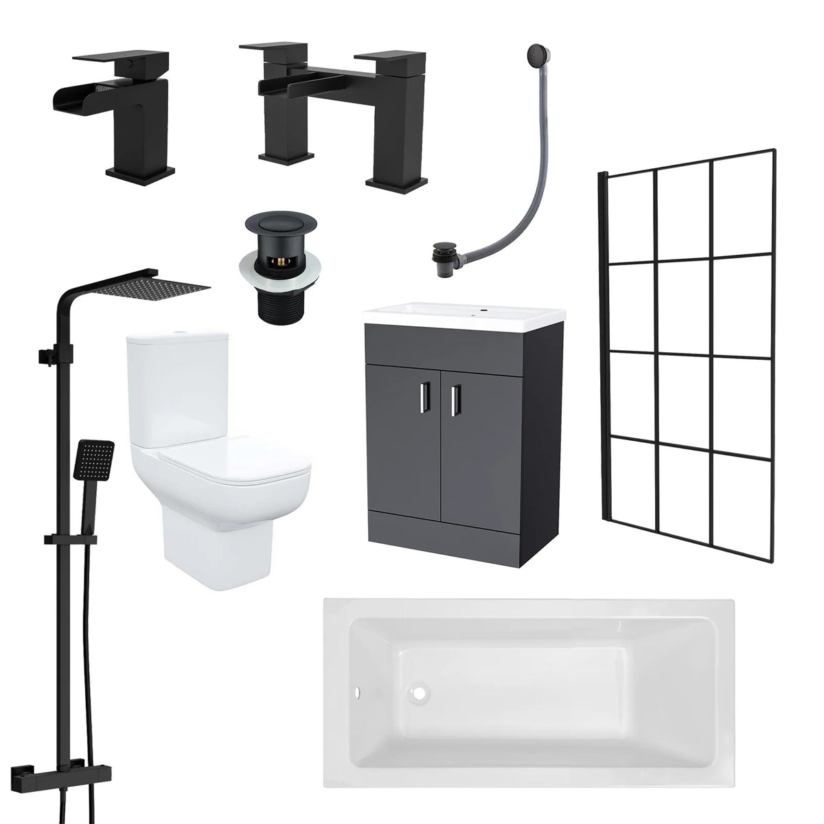 1400mm Square Bath with Grid Screen, Exposed Shower, Vanity with Toilet & Taps