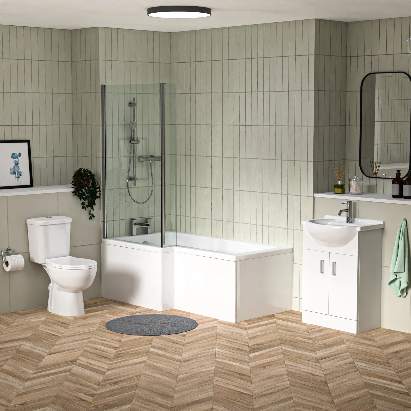 1500mm LH L Shaped Bathroom Suite, Front Panel & Screen With Vanity & Toilet