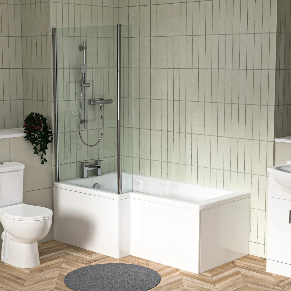 1500mm RH L Shaped Bathroom Suite, Front Panel & Screen With Vanity & Toilet