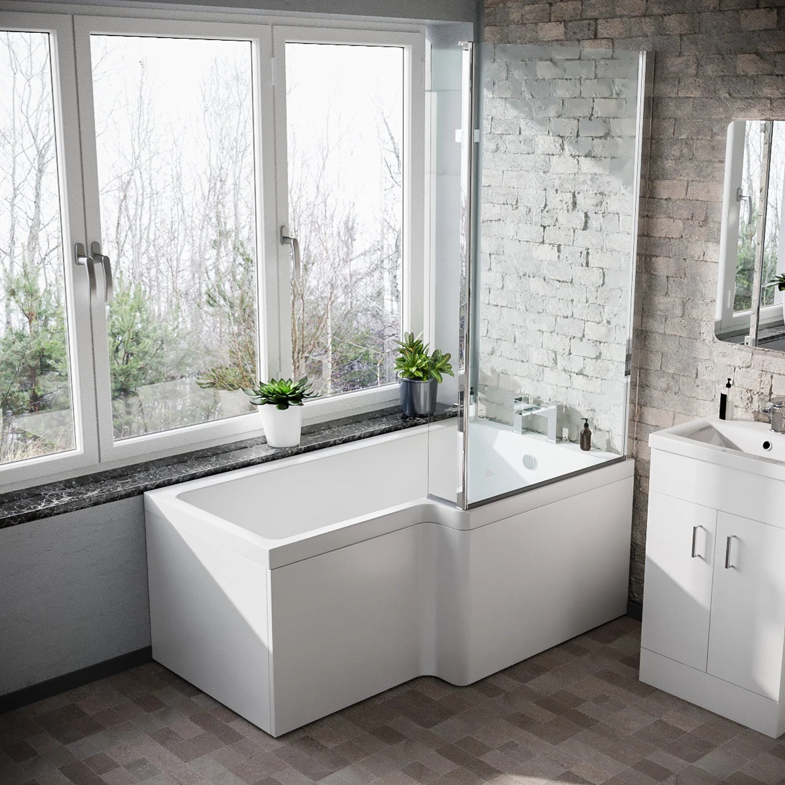 1500mm LH L Shaped Bath, Front Panel, Screen With 550mm Vanity & Toilet