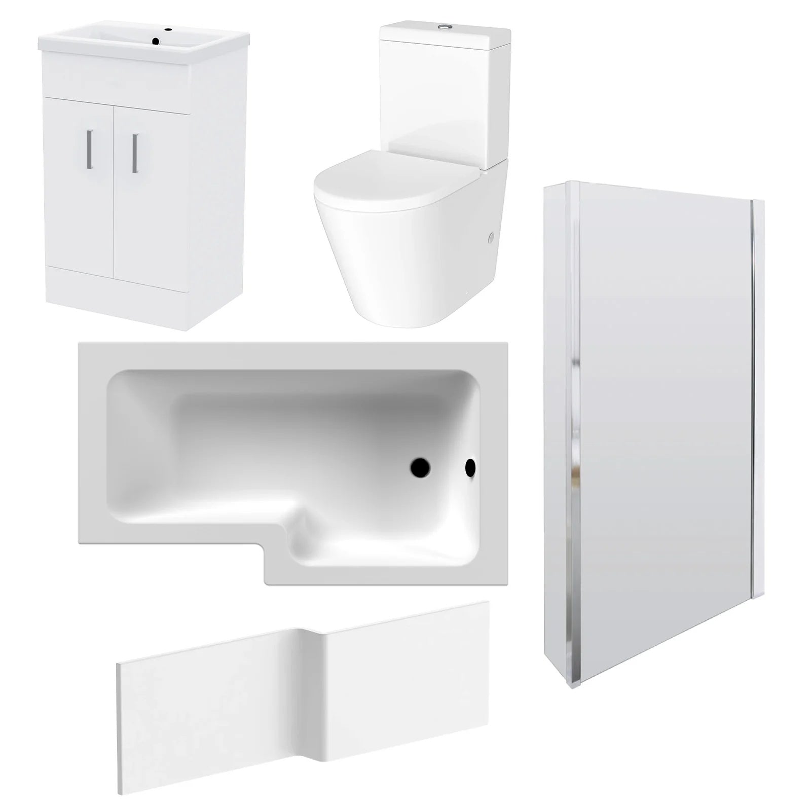 1500mm LH L Shaped Bath, Front Panel, Screen With 550mm Vanity & Toilet