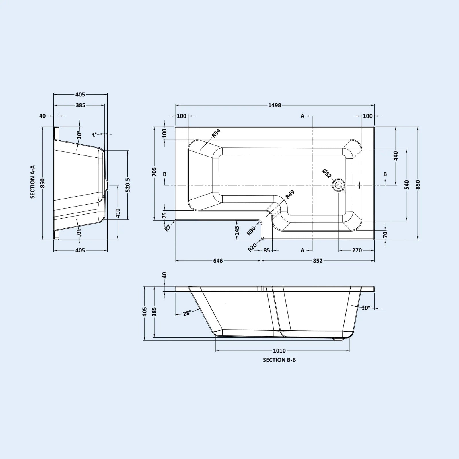 1500mm LH L Shaped Bath, Front Panel, Screen With 550mm Vanity & Toilet