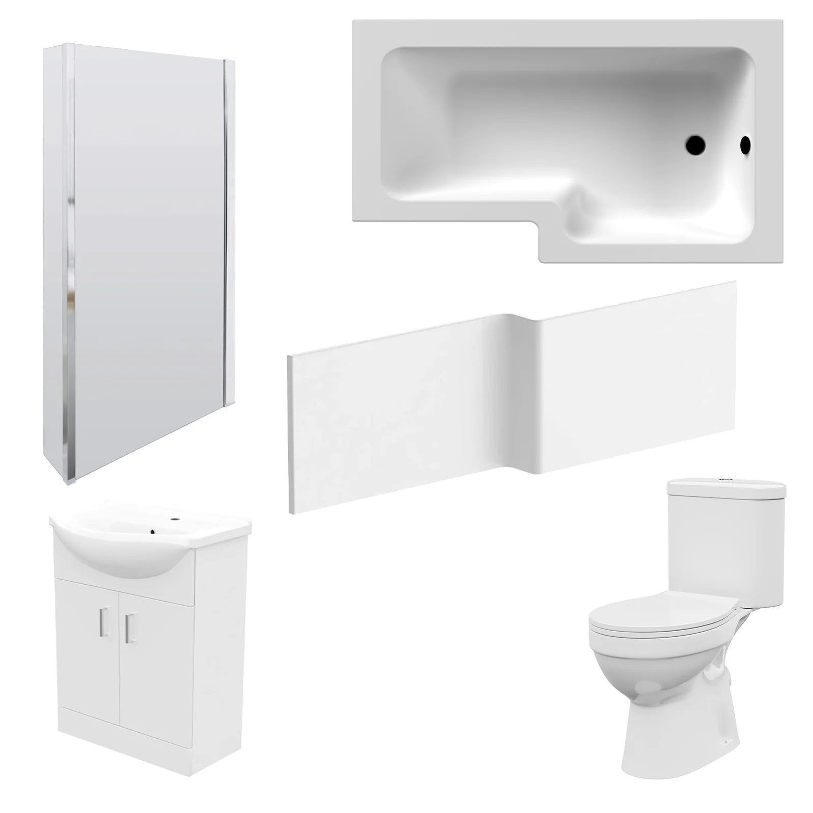 1500mm LH L Shaped Bathroom Suite, Front Panel & Screen With Vanity & Toilet