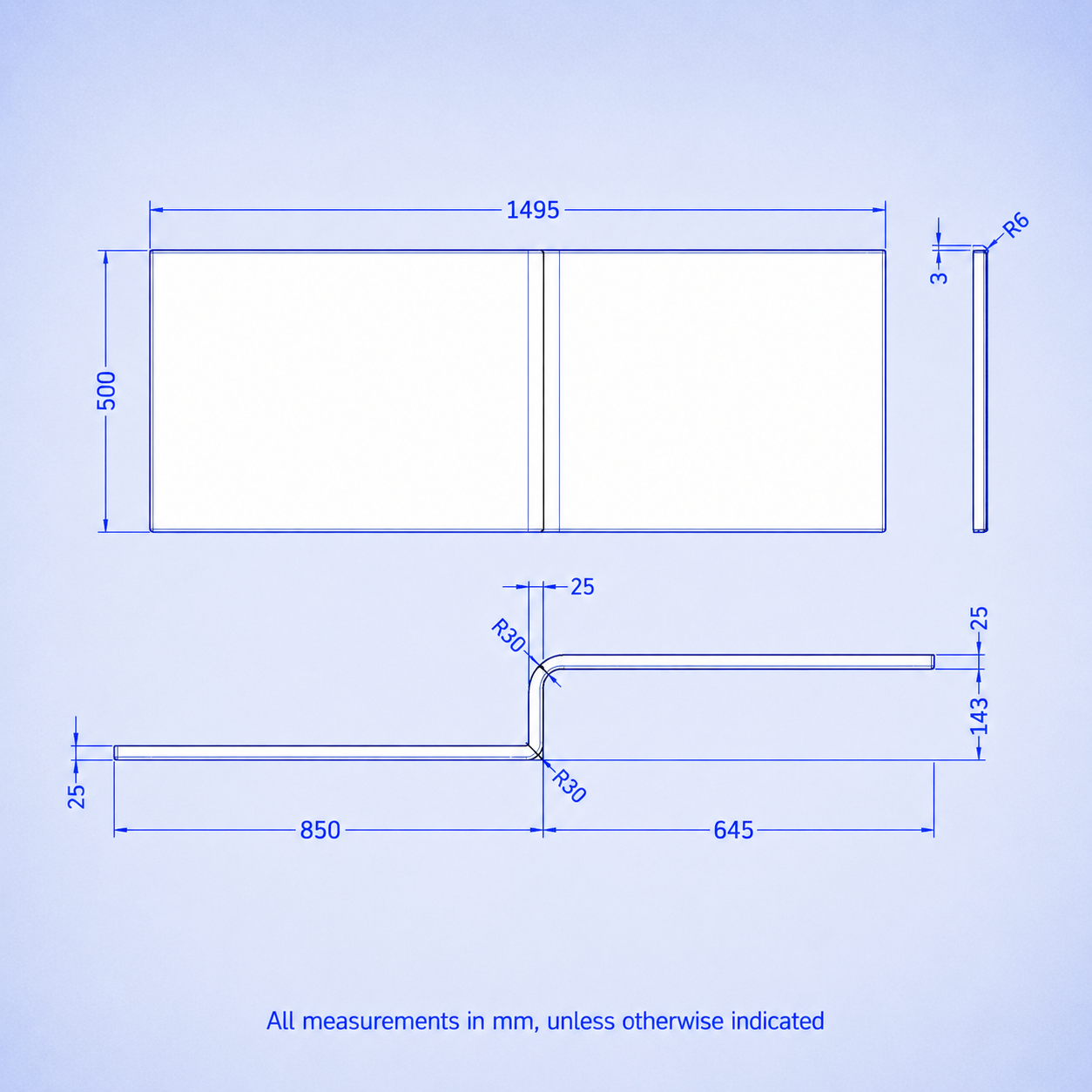 1500mm x 850mm L Shaped RH Curved Shower Bath Acrylic & Front Panel & Bath Screen