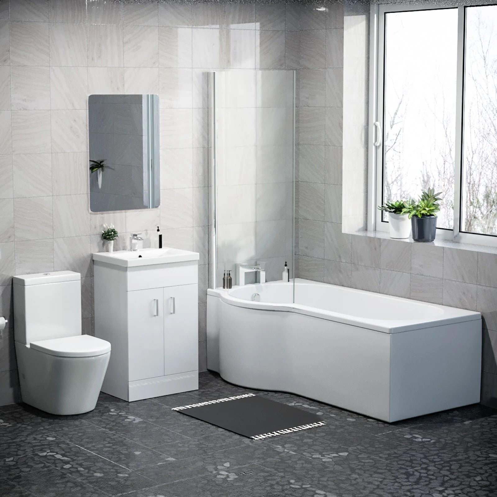 1600mm LH P Shaped Bath, Front Panel, Screen With 500mm Vanity & Toilet