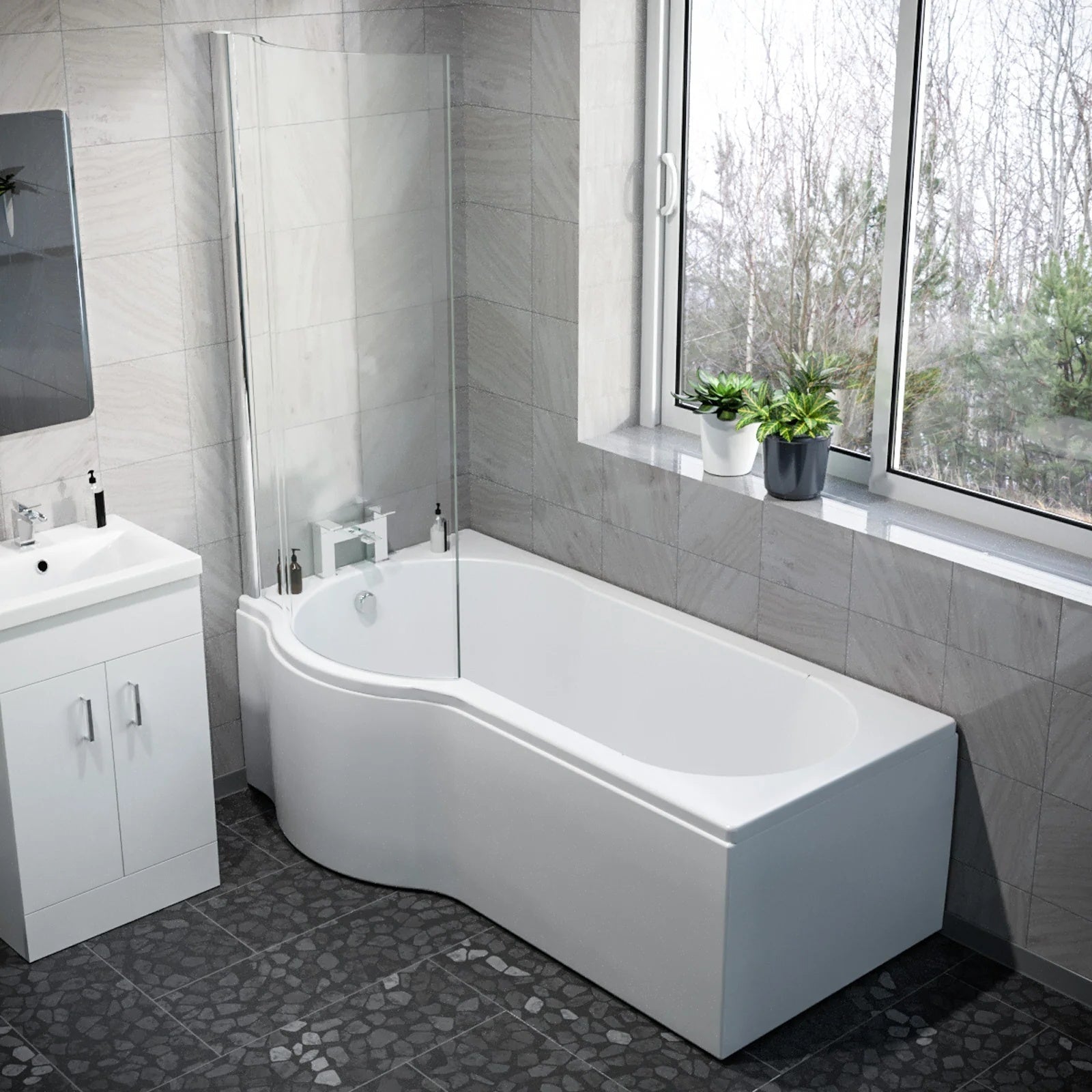 1600mm LH P Shaped Bath, Front Panel, Screen With 500mm Vanity & Toilet