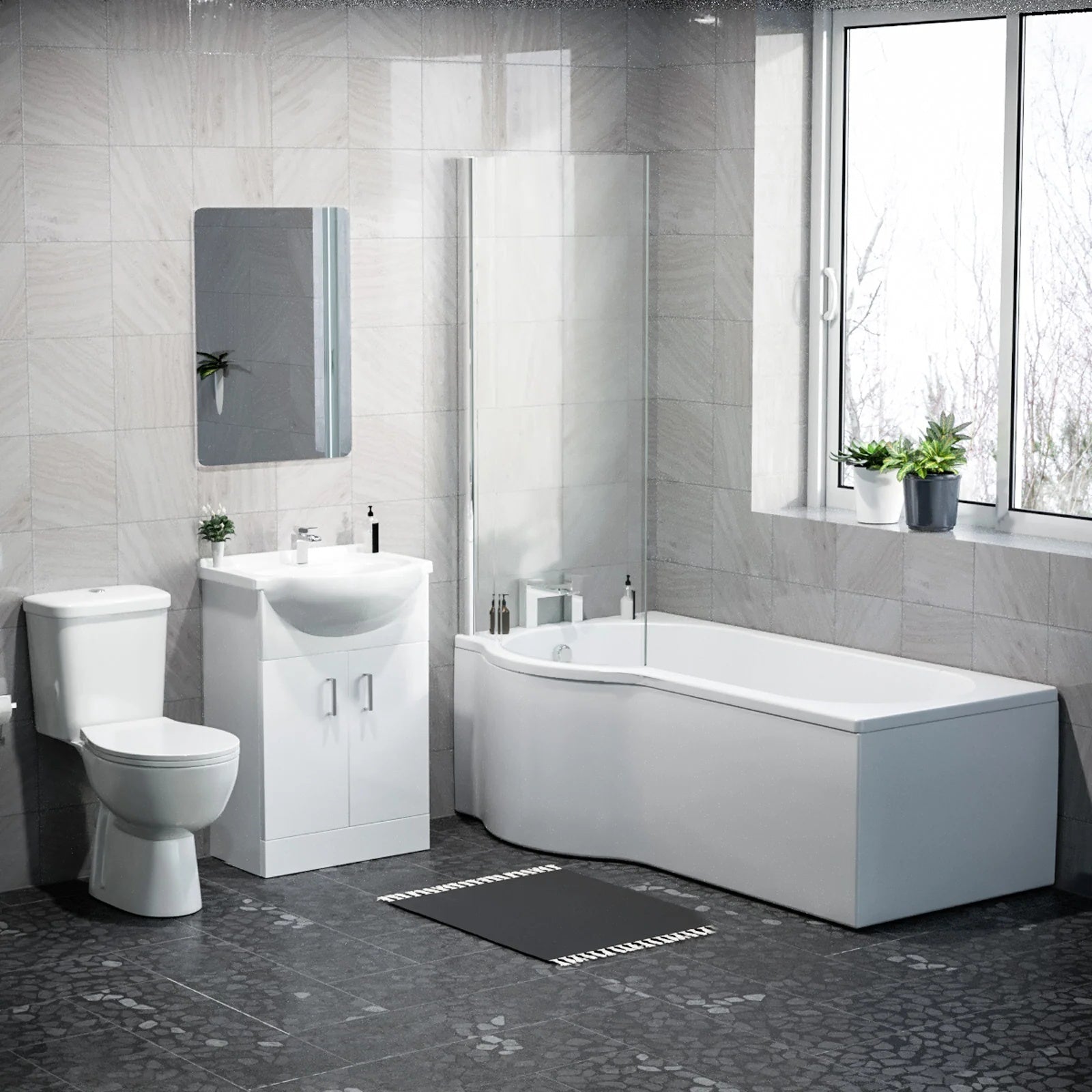 1600mm LH P Shaped Bathroom Suite, Front Panel & Screen With Vanity & Toilet