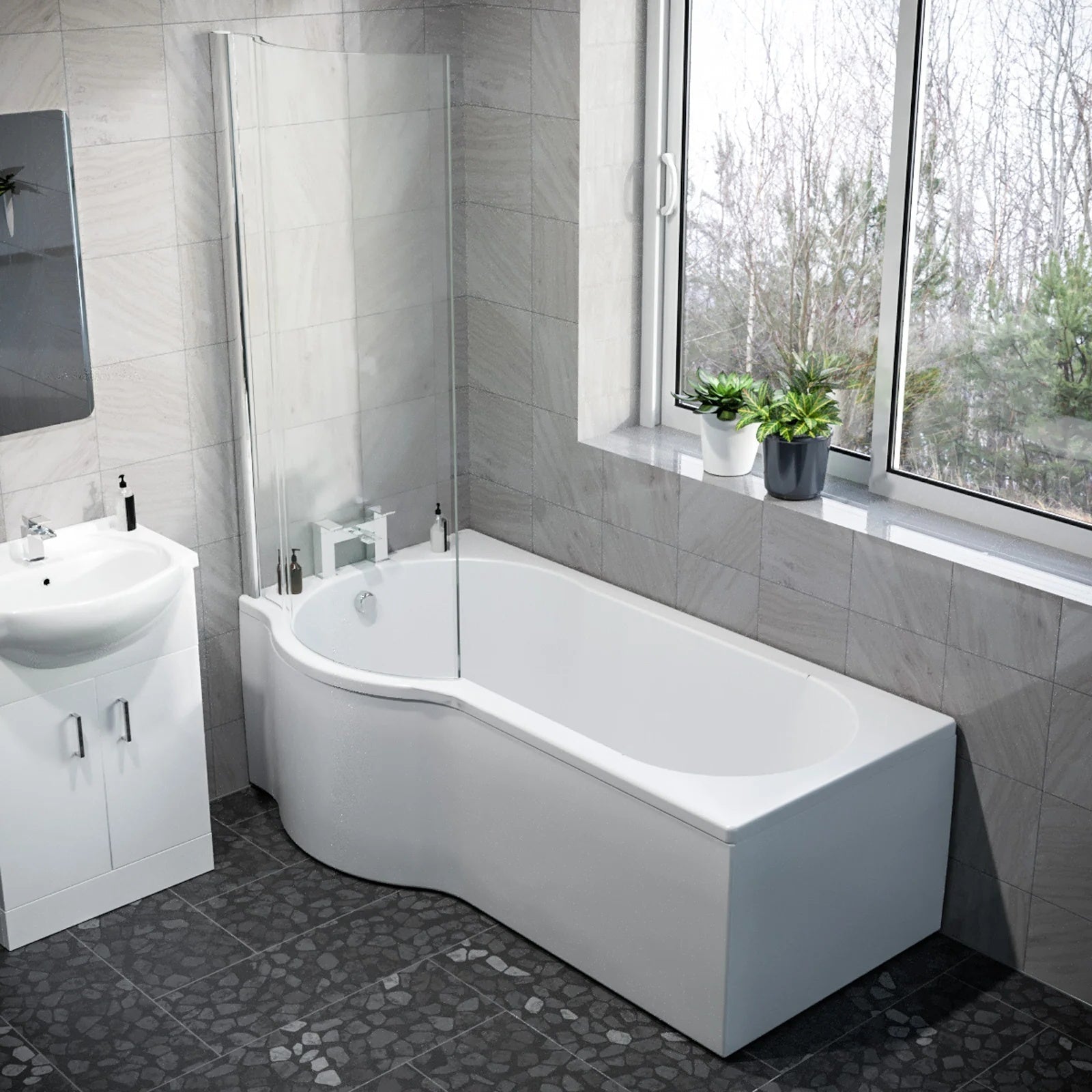 1600mm LH P Shaped Bathroom Suite, Front Panel & Screen With Vanity & Toilet