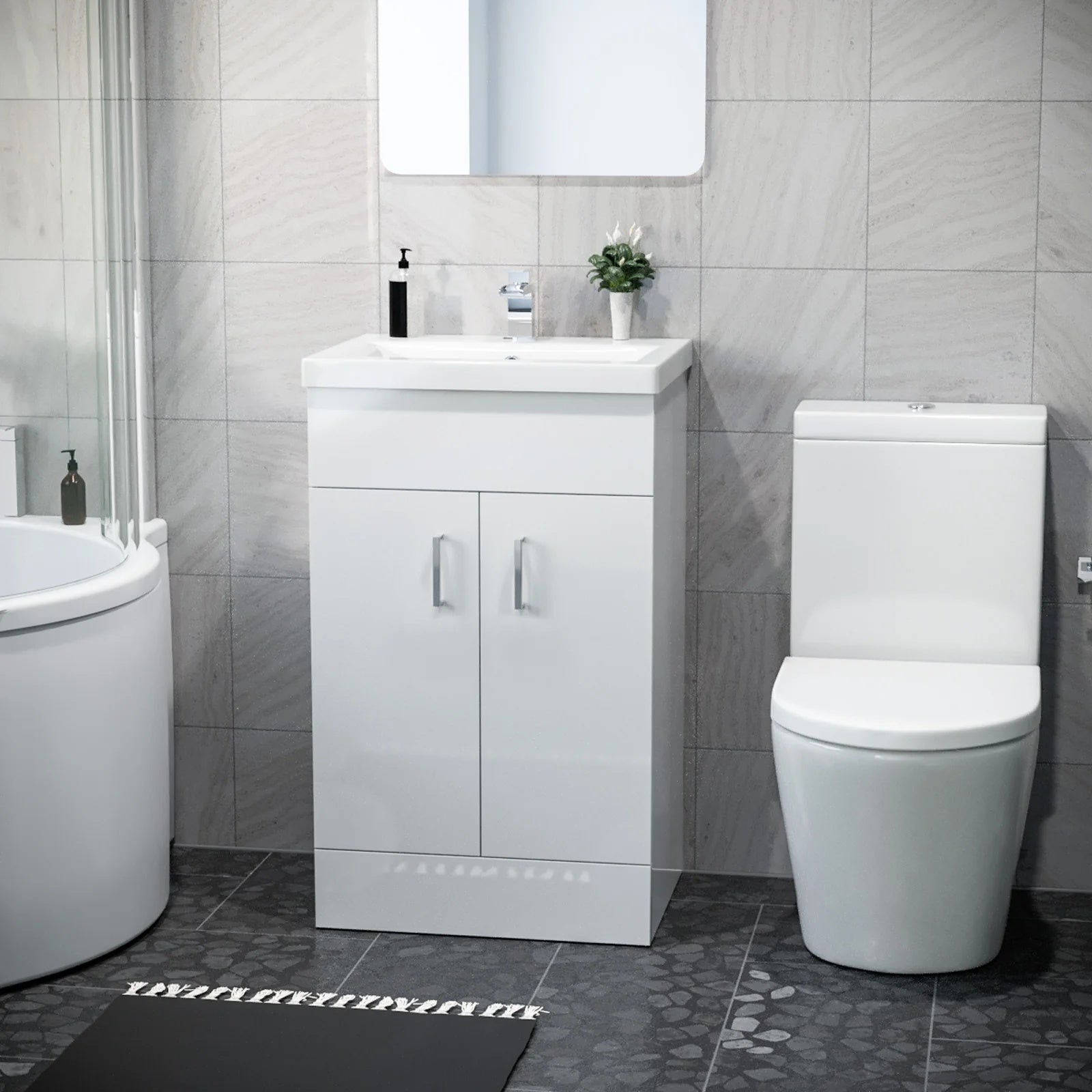 1500mm RH P Shaped Bath, Front Panel, Screen With 500mm Vanity & Toilet