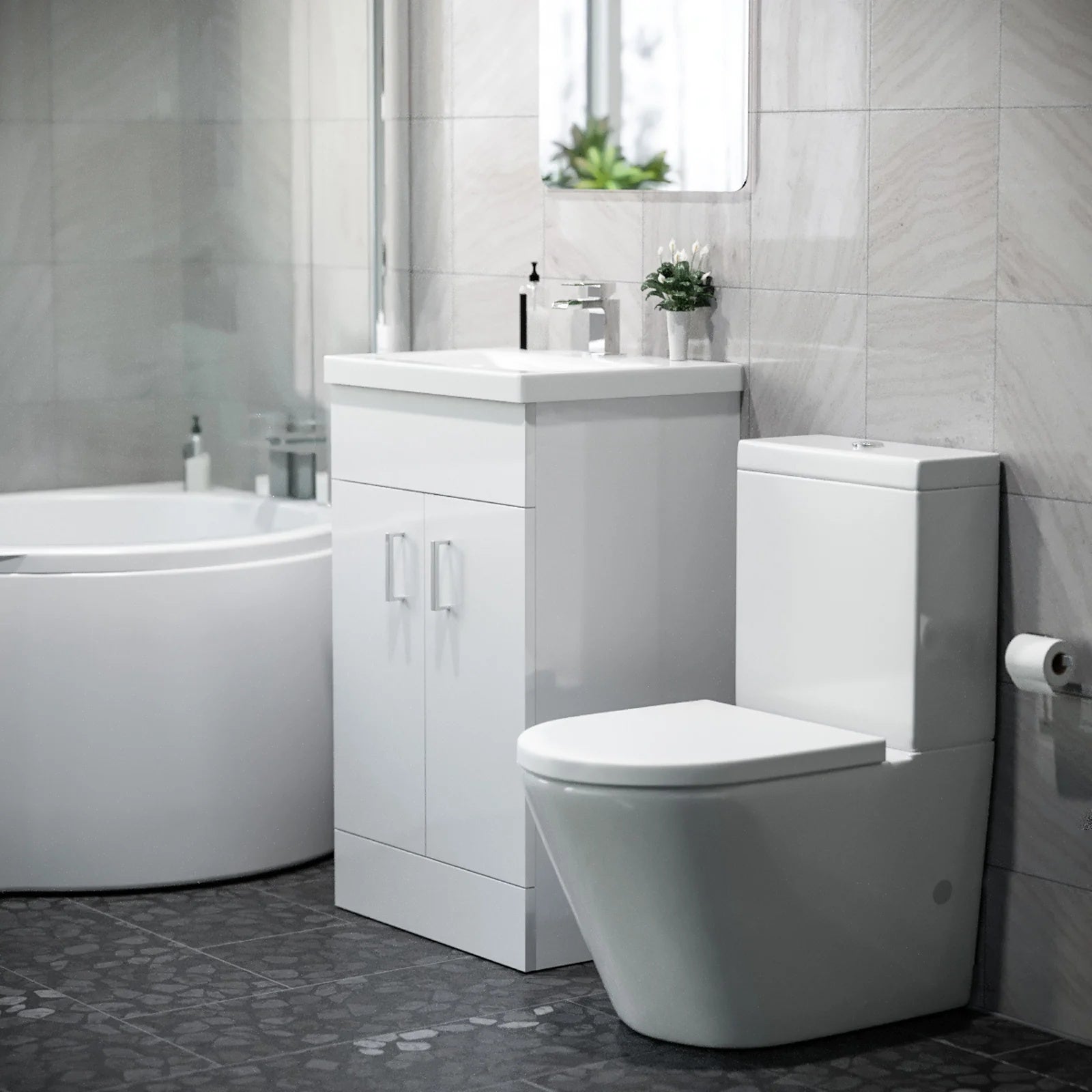 1500mm RH P Shaped Bath, Front Panel, Screen With 500mm Vanity & Toilet