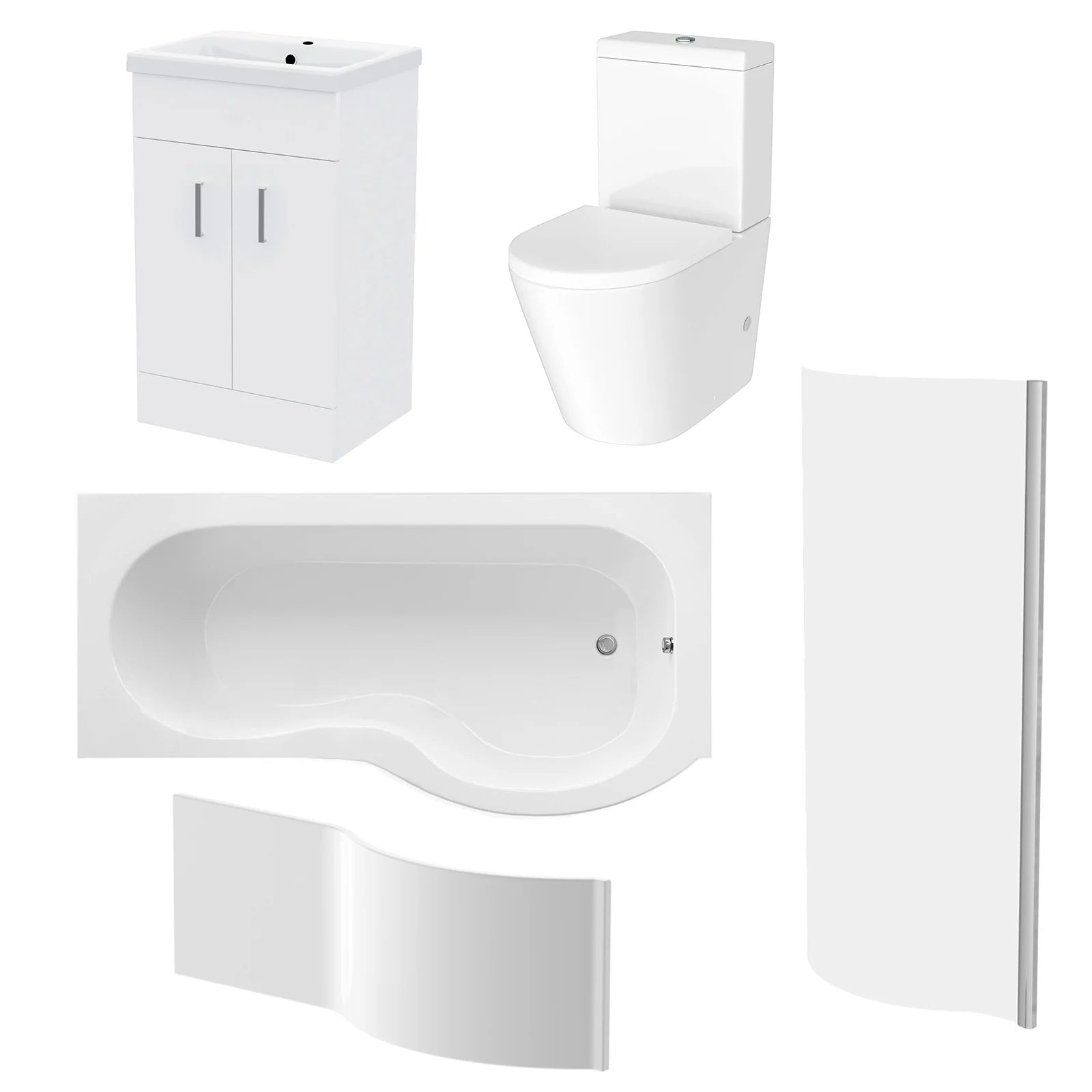 1500mm RH P Shaped Bath, Front Panel, Screen With 500mm Vanity & Toilet