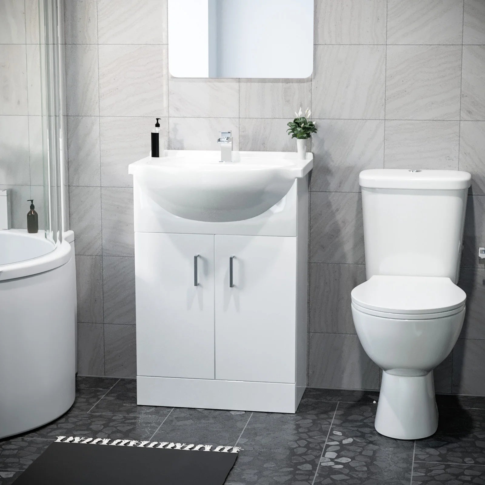 1600mm RH P Shaped Bathroom Suite, Front Panel & Screen With Vanity & Toilet