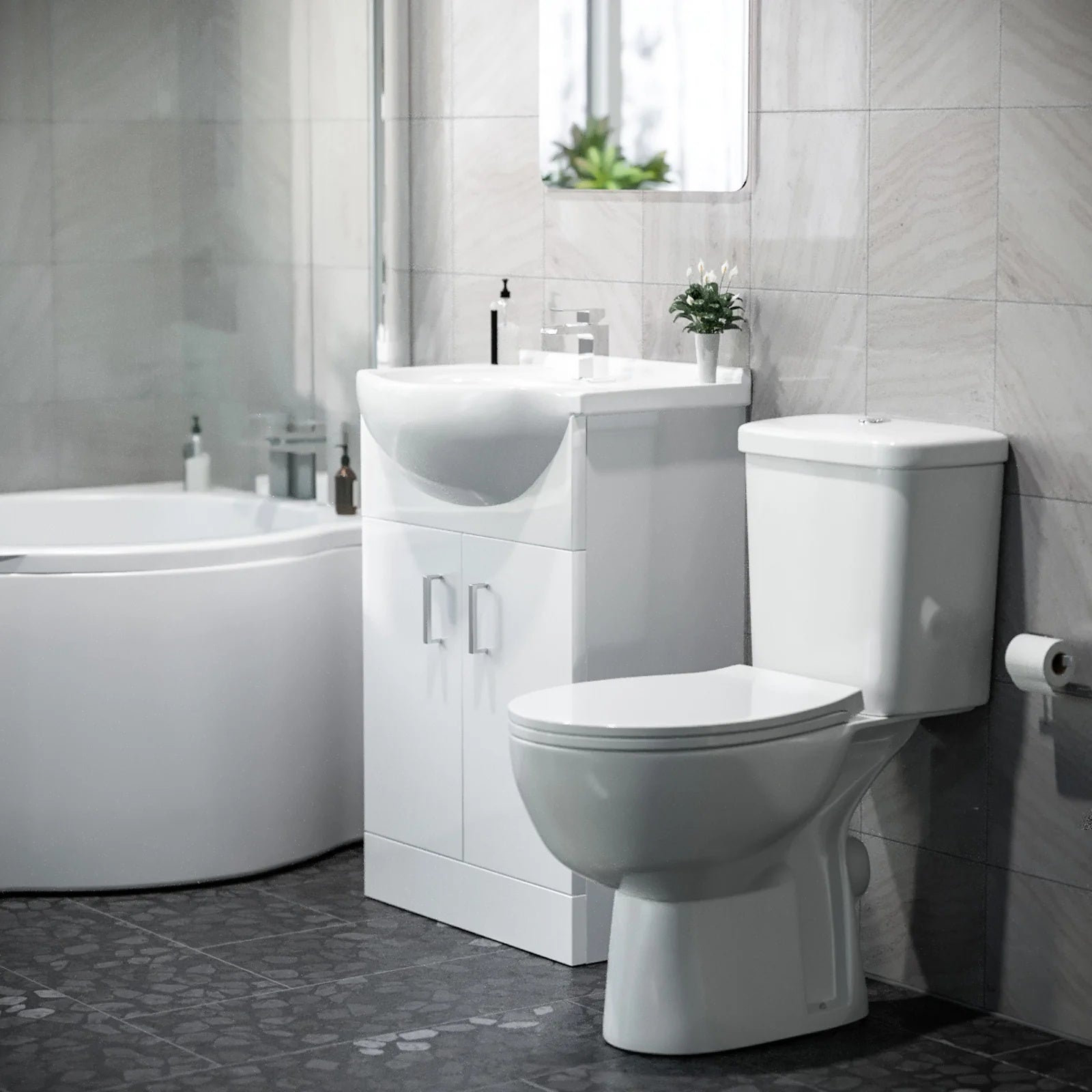 1600mm RH P Shaped Bathroom Suite, Front Panel & Screen With Vanity & Toilet