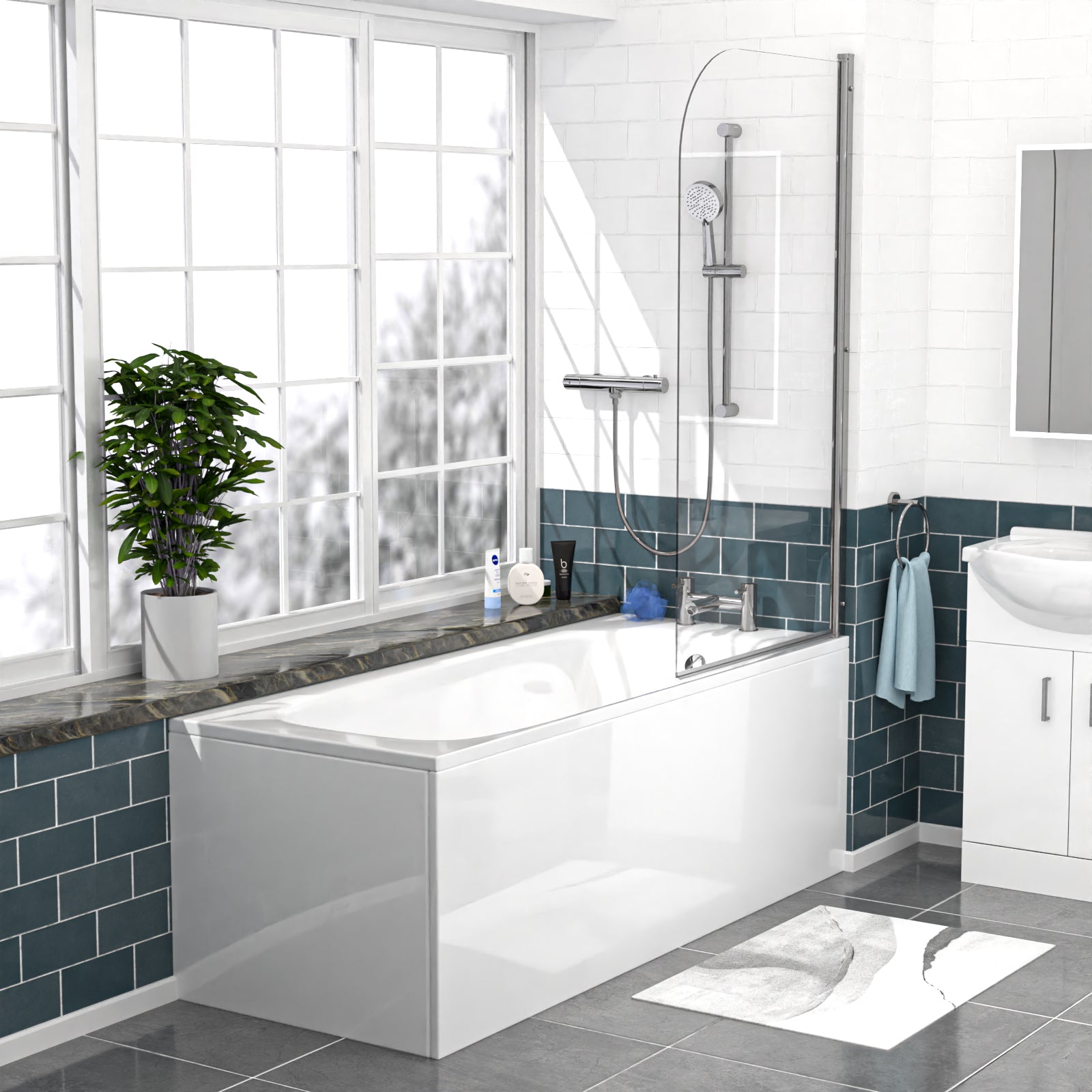 Modern bathroom with a white bathtub, blue tiled walls, and a window.
